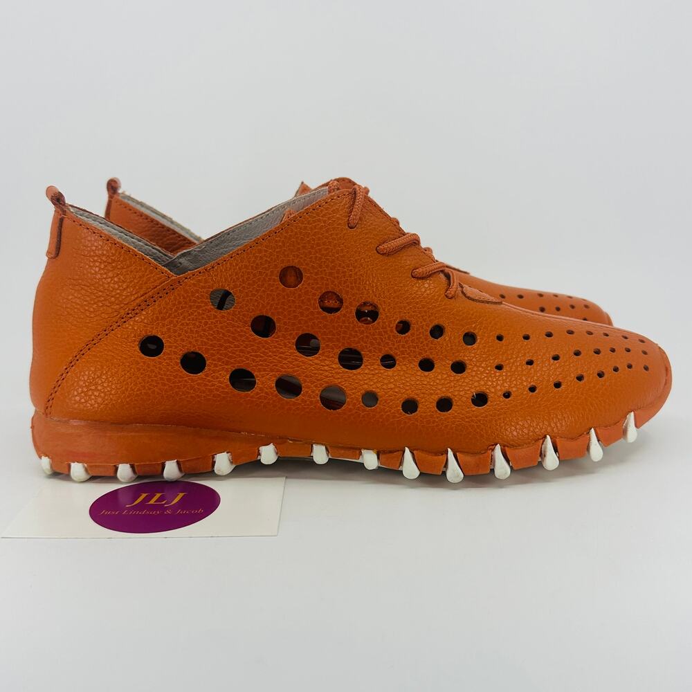LITFOOT Women's Orange Perforated Leather Lace Up Sneakers Size 38 EU/ 8-8.5 US